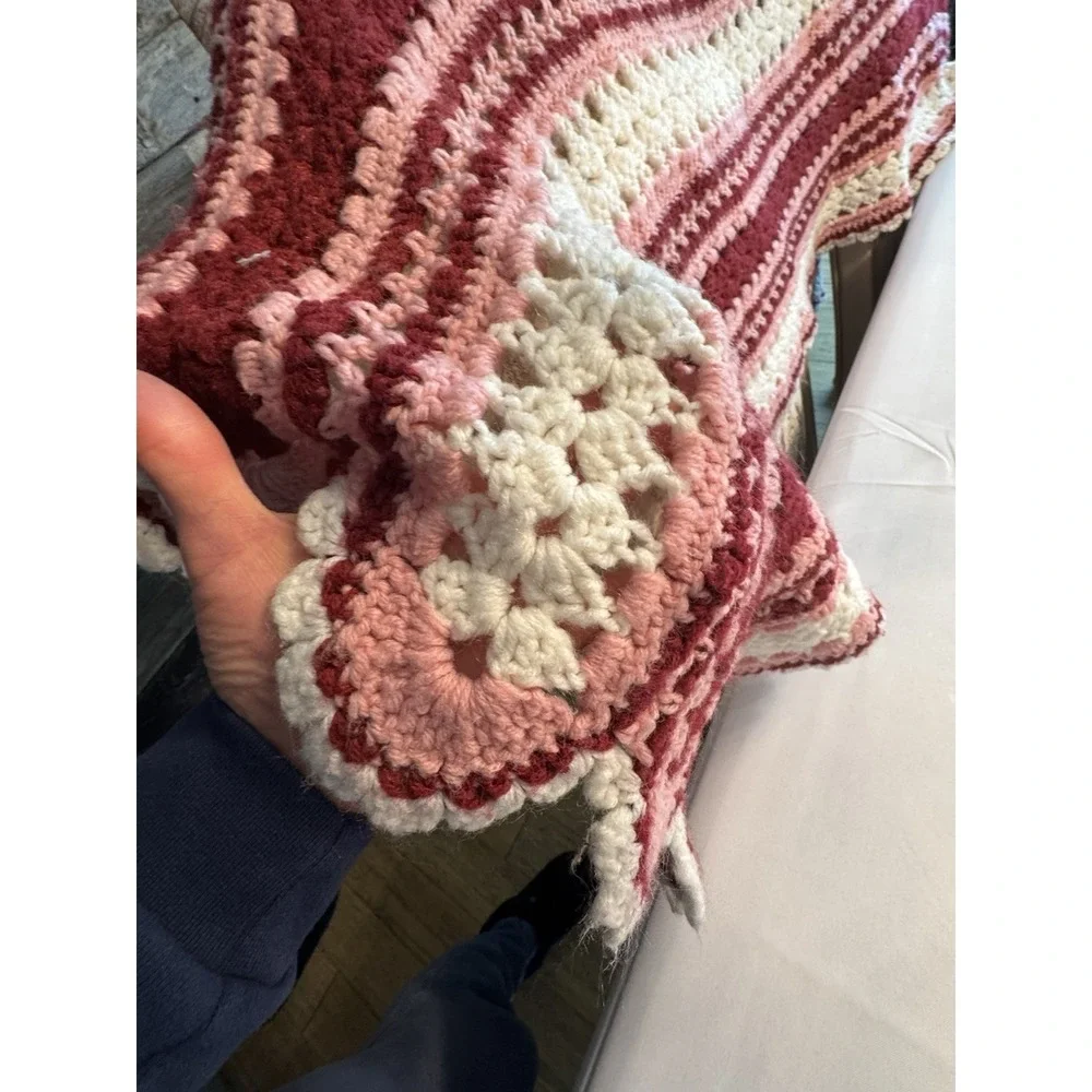 Handmade Red, Pink White Knitted Crocheted Throw Blanket Size 48x64